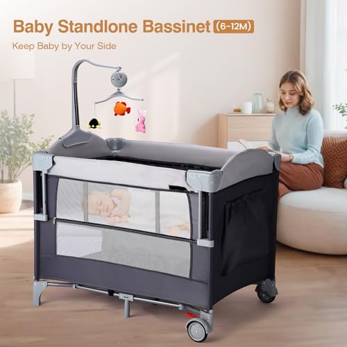 Image of JOYMOR 4 in 1 Pack and Play, Baby Bedside Bassinet, Sturdy Play Yard with Padded Mat and Music Center