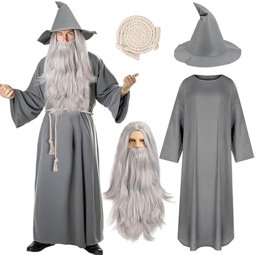 iZoeL Disfraz De Carnaval Para Hombre Túnica Medieval De Mago Con Cinturón Peluca Mago Barba Sombrero Accesorios Para Disfraz Carnaval Disfraces Brujo Hombre Gris | Ya disponible en tu tienda friki favorita! En mundofriki.es!