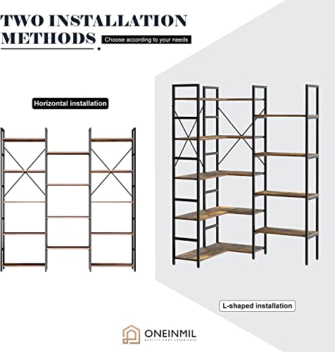 Oneinmil Bookcases And Bookshelves - Triple Wide 5 Tiers Corner Bookshelf, Large Etagere Industrial Bookshelf Open Display Shelves With Metal Frame For Living Room Bedroom Home Office #TOP3