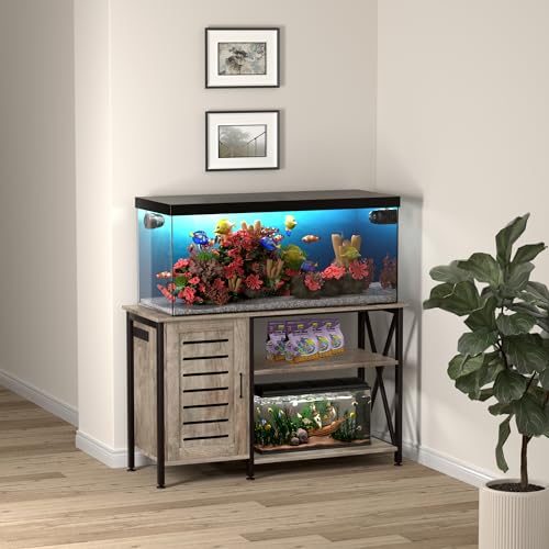 Image of Herture 55-75 Gallon Fish Tank Stand, Aquarium Stand with Power Outlets and Cabinet for Fish Tank Accessories Storage, Heavy Duty Metal Frame, 52 inch L*19.68 inch W Tabletop, 1200LBS Capacity, Grey PG05YGZ