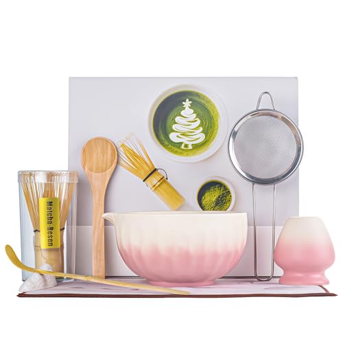 ZEWETO Matcha Set 8-teilig Japanisches Teezeremonie Set Matcha Schale mit Ausguss (Chawan) Bambusbesen (Chasen) Besenhalter Matcha-Löffel (Chashaku) Edelstahlsieb Matcha Starter Kit Geschenkset