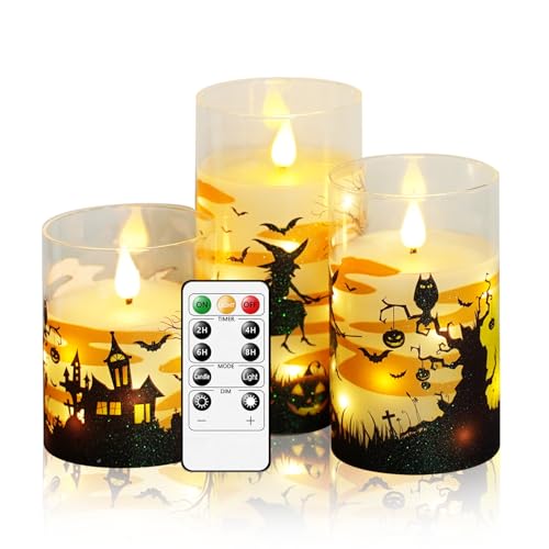 JINYANIA Flameless Candles Real Wax Realistic Halloween Candles with Glass Shell Battery Operated LED Pillar Candle with Remote Timer Ideal for Halloween Home DecorD 3*H 4 5 6
