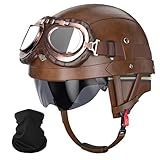 German Style Motorcycle Helmet DOT Approved Vintage Leather Half Helmets for Adults with Goggles and Visor, Removable Lining/Earmuffs, for Bicycle Cruiser Scooter Chopper, for Adults Men Women