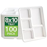 Go Green Tableware 100% Compostable 5 Compart Plates，100 Pack compartment plates disposable，School Lunch Tray，Eco-Friendly Made of Sugar Cane Fibers 10 inch