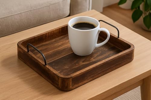 Image of Craft Expertise Wooden Serving Tray Square for Tea Coffee & Drinks | Solid Wood Dining Table Tray for Home & Kitchen | Rustic Coffee & Tea Serving Tray with Handles | 10 x 10 x 1.5 Inches