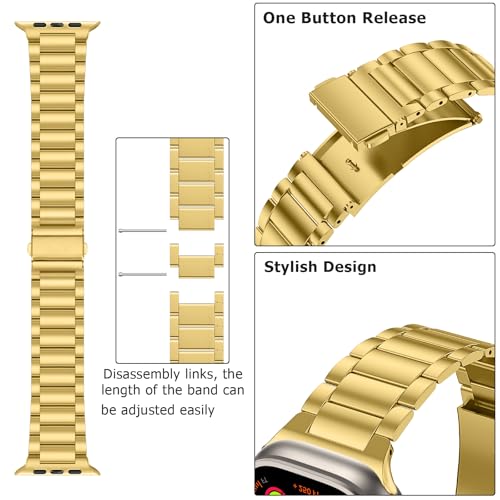 Image of Anlinser Metal Bands Compatible with Apple Watch Band 42mm 41mm 40mm 38mm for Women Men, Stainless Steel Business Strap for iWatch SE Series 11 10 9 8 7 6-1 (Gold)