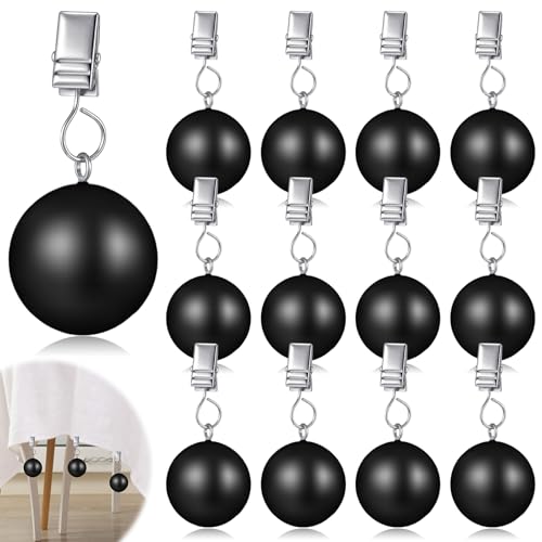 Cinnvoice 12 Pack Heavy Duty Curtain Weights Heavy Tablecloth Weights Ball with Metal Clip for Outdoor Tables Shower Curtain Flag (Black)
