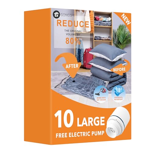 Image of GONGSHI Vacuum Seal Bags for Clothing Travel & Home Storage, Travel Vacuum Bags with Electric Pump,Space Saver for Blankets, Comforters, Pillows, Clothes,10 Large