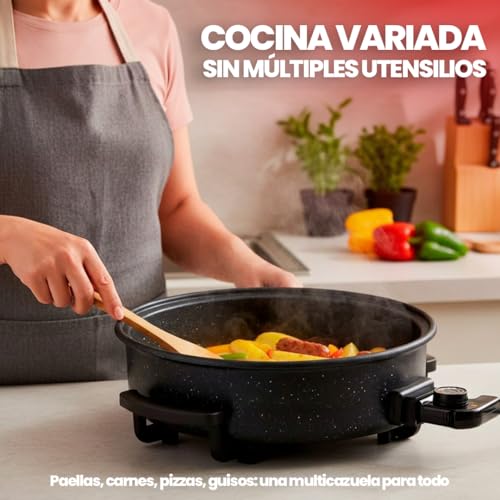 Miniatura 2 de Sogo Paellera Eléctrica Multiusos Olla Eléctrica Para Cocinar 1500w, 9 Cm Profundidad, Antiadherente Con Termostato 240 C - Sartén Eléctrica Con Regulador De Temperatura Y Tapa De Cristal