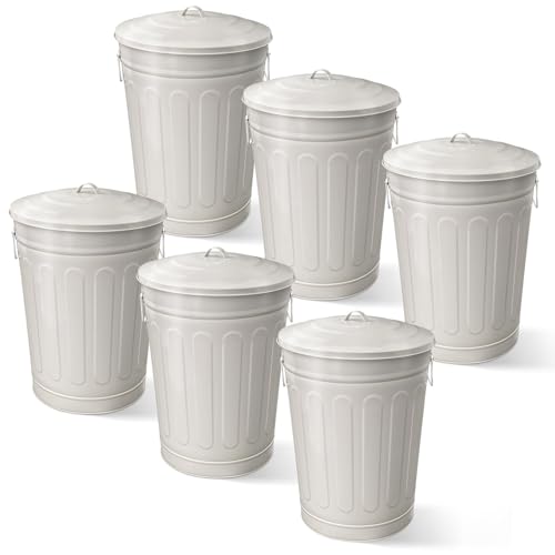 Image of Plexon 13 Gallon Metal Trash Can with Lid Outdoor Vintage Trash Can Steel Retro Garbage Can for Kitchen Farmhouse Rustic Bird Seed Storage Pet Food Cute Bucket, Off-White 6 Pack