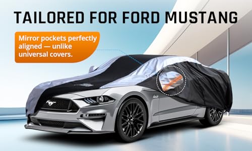 Image of Mustang Car Cover Waterproof All Weather with Silver Strip Design, Custom Fit for Ford Mustang 1994-2025, Mustang Accessory with Door Zipper & Windproof Straps