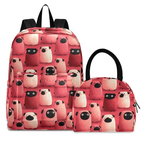 Pugs Red Print Backpack Set with Lunch Bag, Large Capacity Travel Backpacks and Lunch Box Insulated for Commute Hiking Picnic