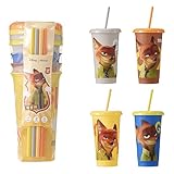 MINISO Disney Zootopia Plastic Straw Cup 4-Piece Set with Lids and Straws, 520ml Large Capacity, Judy and Nick Character Design (Nick)