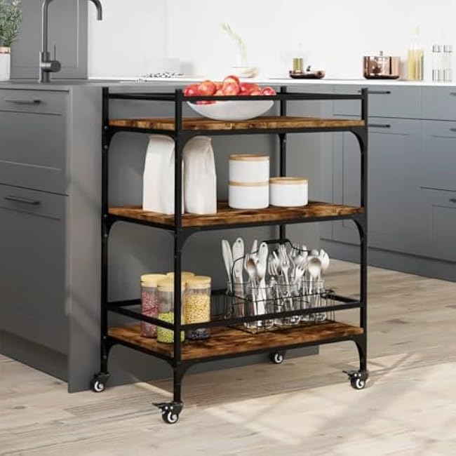 Kitchen Trolley,3 Tier Food Prepping Cart Trolley Wood Rolling Kitchen Cart,Easy Assembly, Smoked Oak,25.6 X 15.8 X 34.1in-basx1VBD