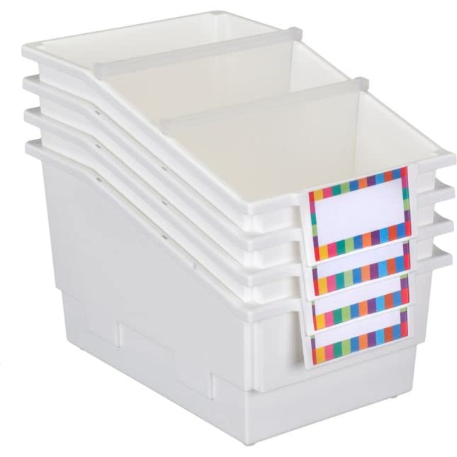 Photo 1 of Really Good Stuff Chapter Book Library Bins with Dividers, 8¾" x 13½" x 7¾" - 4 Pack, White| Plastic Shelf Bin Organizer for Classroom Library, Book Organization, Documents, Files, Magazines
