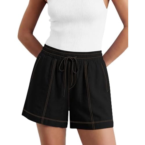 LOMON Women's Casual Linen Shorts Elastic Waisted Drawstring Summer Shorts with Pockets