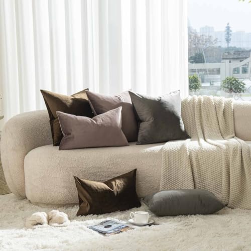 Image of JUSPURBET 28x28 Decorative Velvet Throw Pillow Covers Cases Set of 2,Brown | Cozy Soft Euro Cushion Covers with Hidden Zipper for Couch Sofa Bed Living Room Bedroom Home Decor
