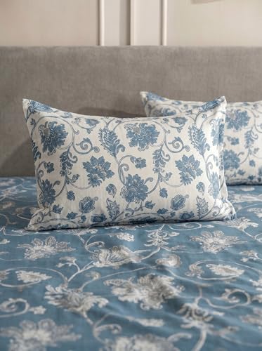 Image of DDECOR Live Beautiful 100% Compact Combed Cotton Ethnic King Flat Bedsheet with 2 Pillow Covers | Rotary Print 145TC | Perfect for Everyday Bedroom Use | Cresta Collection | 2.24 x 2.54 M|Pacific Blue