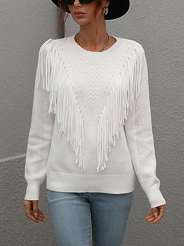 Image of Women's Casual Crewneck Fringe Tassels Crochet Long Sleeve Knitted Fall Sweater Pullover Tops