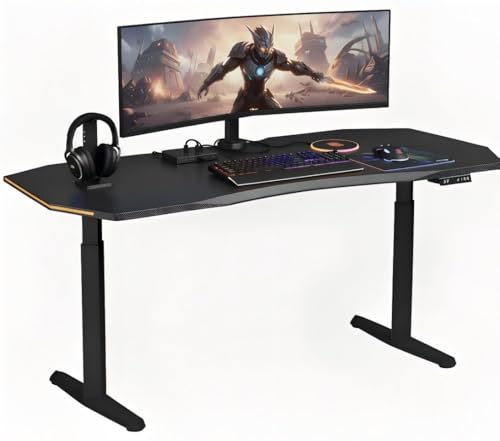 Image of HUANUO Standing Desk with LED Strip, 63 inch x 31.5 inch Height Adjustable RGB Gaming Desk, Large Dual-Motor Electric Sit Stand Desk, Sturdy Steel Frame, Modern E-Sports Workstation,for Home Office,Black