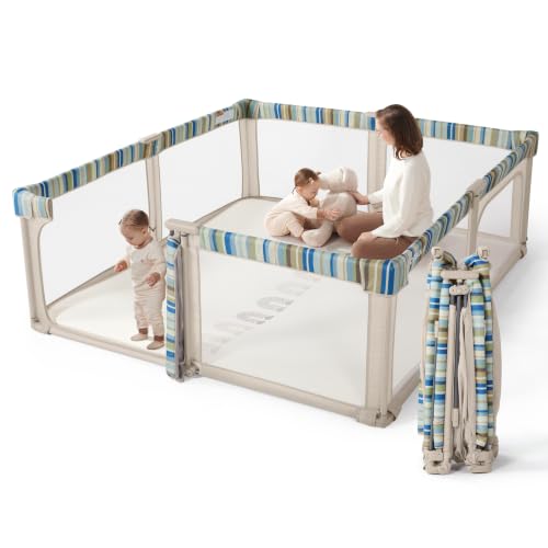Image of Baby Playpen Portable, Pre-Assembled Play Pen 71x79 Large Foldable Playpen for Babies and Toddlers, Sturdy and Safe Toddler Play Yard Indoor Outdoor with Carry Bag, Light Khaki-Stripe
