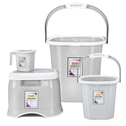 Image of RATAN PLASTICWARE Premia Bathroom Set (Bucket 5L X 1) + (Bucket 25L X 1) + (Mug 1.5L X 1) + (Small Stool X 1) - Diaso Grey|Easy to Carry | Perfect for Use in Bathrooms, Kitchen & Wet Utility Areas