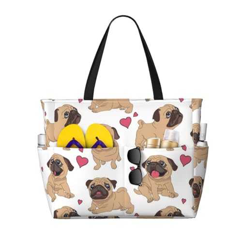 Grand sac de plage carlin imprimé rigolo sac fourre-tout pour femme spacieux