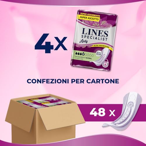Lines Specialist Lady Normal, Assorbenti per Incontinenza Donna, con Tecnologia Zero Odore e Barriere Laterali Protettive, Scorta Mensile, 4 Confezioni da 12 Unità - 7