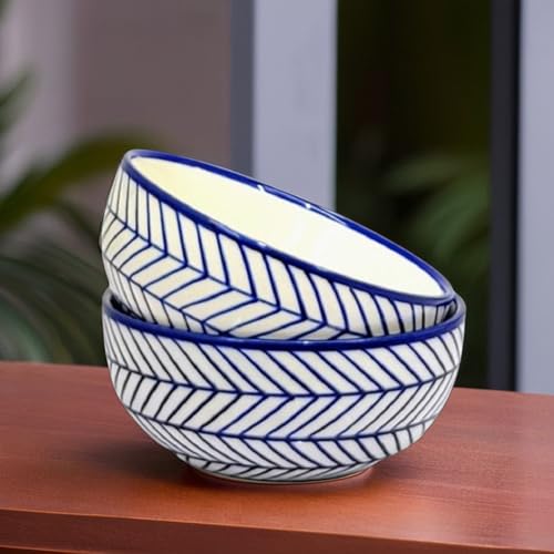 Image of KITTENS Ceramic Bowls 350ml - Set of 2 - Blue Arrow Pattern | Handcrafted Serving Bowls | Microwave & Dishwasher Safe | Ideal for Soup, Pasta, Cereal, Maggi, Dessert & Breakfast