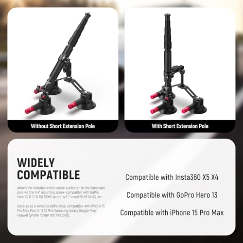 Image of NEEWER Triple Suction Cup Car Mount Compatible with Insta360 X5 X4 GoPro DJI OSMO 360 Cameras, Quick Release Outside Windshield Magic Arm Mount Kit with 2 in 1 Extension Pole /Selfie Stick, CA065