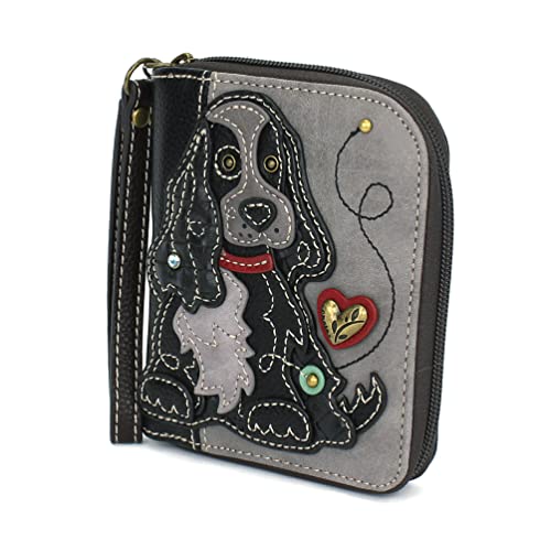 Image of CHALA Zip Around Wallet, Wristlet, 8 Credit Card Slots, Sturdy Pu Leather - Black Cocker Spaniel - Gray