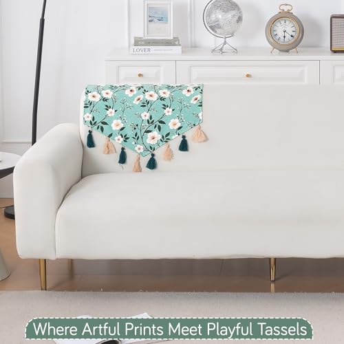 Image of HOKIPO Premium Sofa Backrest Cover Mat | Printed Holland Velvet with Tassels | 'Whispers of Nature' Sage Floral Vine (IN-1116-D8)
