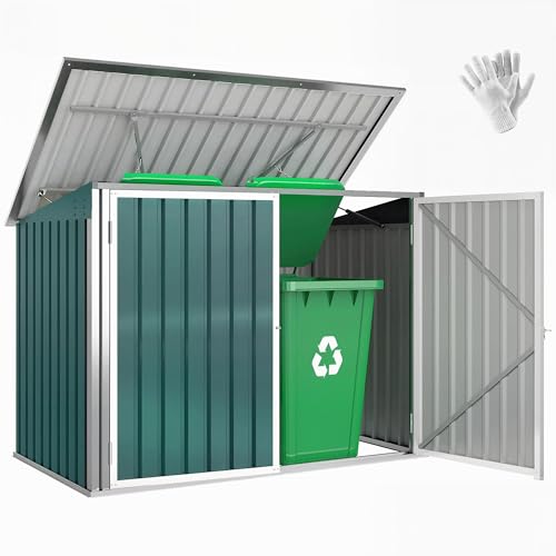 Outsunny Cache Poubelle Double Acier Galvanisé pour 2 Poubelles de 240L - Abri de Jardin avec Couvercle Lié par Chaînes, Vérins à Gaz et Portes...