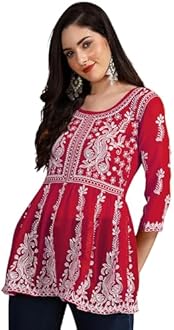 EthnicJunction Georgette Women Chikan Embroidery Short A-Line Kurti | Summer Kurti | Short Kurti for Women | Top for Office | Women's Tunics Tops | Kurta Shirt Top | Regular Fit Top