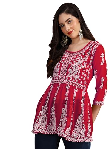 EthnicJunction Georgette Women Chikan Embroidery Short A-Line Kurti | Summer Kurti | Short Kurti for Women | Top for Office | Women's Tunics Tops | Kurta Shirt Top | Regular Fit Top