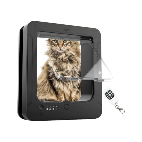 Puerta para Gatos con Micro Chip | Cerradura Inteligente de 4 vías para Mascotas con Mando a Distancia y 2 Collares con Sensor, Sensor automático, Puerta para Perros, para Puertas Exterior