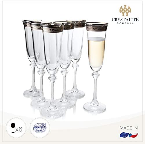 Decorated Champagne Flutes Set of 6 / Tall, Wedding and Toasting Crystal Glasses / Platinum Rimmed Decor / 6.42 ounces (190 milliliters)
