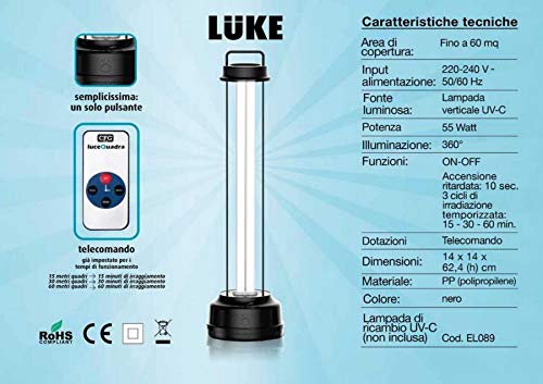 CFG Luke Lampada 55W UV-C Germicida, Disinfezione Purificazione Aria Ambiente, 3 Trattamenti, Fino a 60 mq, Con telecomando