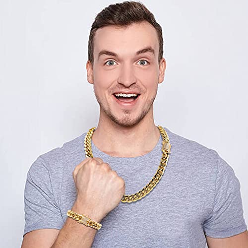 putouzip Miami Cuban Link Chain Set For Men 18K Gold Plated Stainless Steel 10/12mm Curb Bracelet Necklace Diamond Chains4