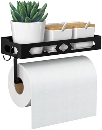 Paper Towel Holder Wall Mount for Kitchen, Easy One-handed Operation Design, Self Adhesive Paper Towel Holder with Shelf for Bathroom, RV Paper Towel Rack Paper Roll Holder with 2 Hooks, Black