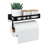 ZDDLOINP Spice Rack with Paper Towel Holder Roll and Hooks, Wall Mounted Spice Rack, Metal Seasoning Organizer Shelves for Kitchen Black