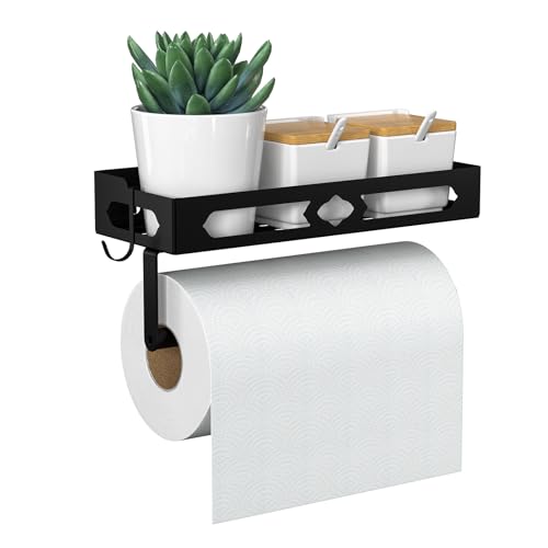 ZDDLOINP Gewürzregal mit Küchenrollenhalter und Haken, Gewürzregal Wand Ohne Bohren, Gewürz Organizer für Küchen, Schwarz