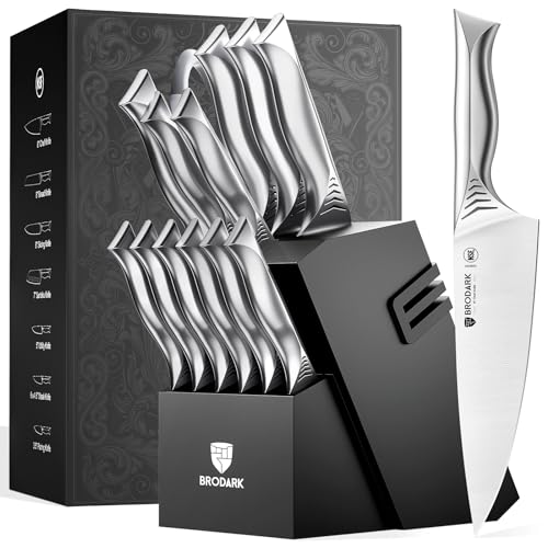 BRODARK Knife Set for Kitchen with Block, 15-Piece Kitchen Knife Set with Built-in Sharpener, NSF Certified Stainless Steel Knife Block Set, Shark Series