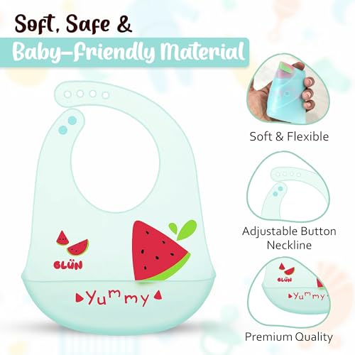 Image of GLUN Pack of 2 Soft Feeding Bibs with Bowl, Cute Watermelon Print for Growing Champs, Easily Wipes Clean, Comfortable Soft Baby Bibs, Less Time Cleaning after Meals for Babies