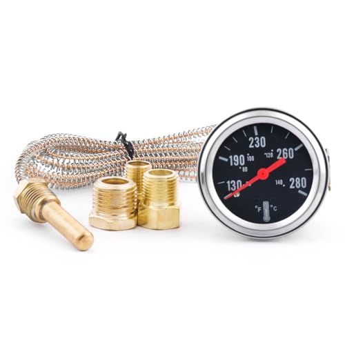 Dyno Racing 2 52mm 12V Pointer Mechanical Water Temperature Temp Gauge (50-140 130-280) Yellow Light Car Meter with Sensor NPT 1/2 NPT 3/8 NPT 1/4 1.8m Wire Length