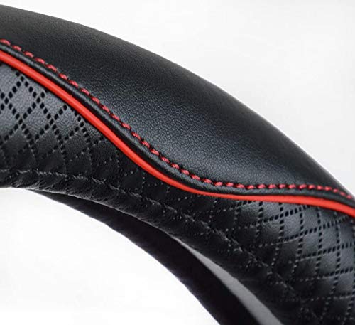 Image of Valleycomfy Steering Wheel Covers Universal 15 inch - Genuine Leather, Breathable, Anti Slip & Odor Free (Black with Red Lines, M(14 inch 1 /2-15 inch 1 /4))