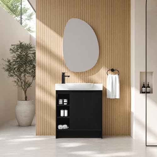 Image of 30 inch Freestanding Bathroom Vanity with Integrated Ceramic Sink, Floor Mount Bathroom Cabinet with 3 Open Shelves & Soft Close Door, Modern Small Bath Vanity Set, Easy to Clean, Dark Oak