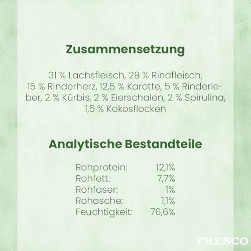 FRESCO Dog Barf Hundewurst schnittfest Lachs mit Rind I 2 x 400g | Getreidefrei, hoher Fleischanteil 80% | Nassfutter für Hunde mit Karotte, Kürbis & Spirulina | Aus Deutschland