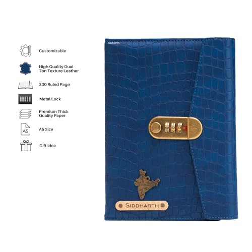 Image of AICA Personalized Name & Charm Leather Lock (Navy Blue) Diary � A5 Size 230 Pages with Combination Lock for Men & Women | Customized Planner Diaries Office Gift Items for Man Husband Father Brother