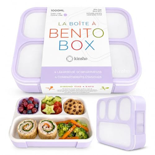 Image of kinsho Bento Lunch Box for Kids Women Adults Girls School Work | Snack Containers for Toddlers Tweens | 4 Divided Sections for Portion Control includes Utensils BPA Free | Purple